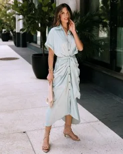Manhattan Satin Drape Button Down Midi Dress - Sage -clothes Sales EM4A5263 b68025af d9f9 4b39 8555 6a910d6f2f0a