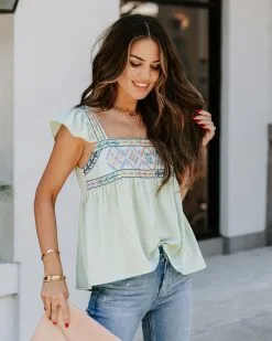 Granite Embroidered Babydoll Top - Mint -clothes Sales EM4A5267
