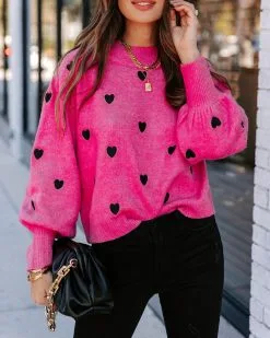 Beating Heart Embroidered Knit Sweater - Pink - FINAL SALE -clothes Sales EM4A5817