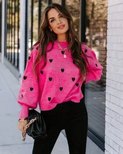 Beating Heart Embroidered Knit Sweater - Pink - FINAL SALE -clothes Sales EM4A5820