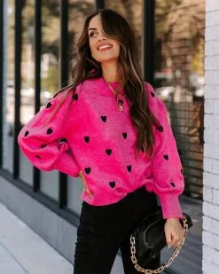 Beating Heart Embroidered Knit Sweater - Pink - FINAL SALE -clothes Sales EM4A5837