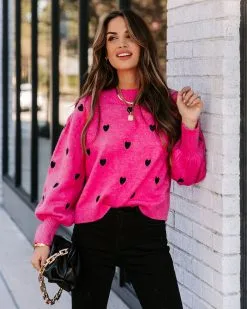Beating Heart Embroidered Knit Sweater - Pink - FINAL SALE