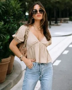 IDEM-001 Teagan Puff Sleeve Babydoll Top - Mocha -clothes Sales EM4A6164