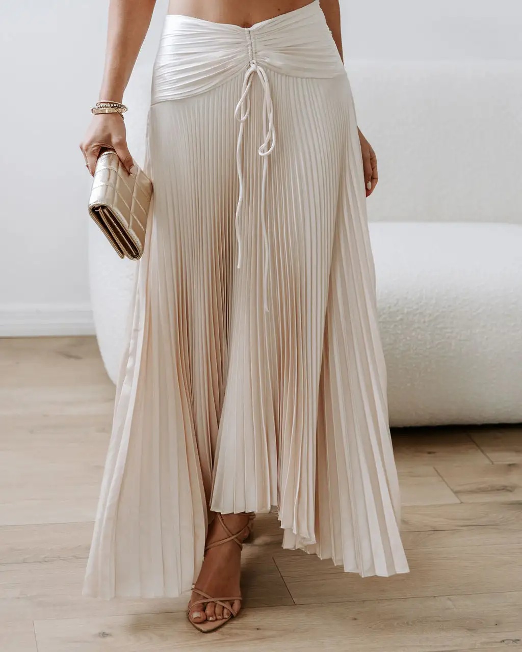 DRES-001 Monroe Vibes Satin Pleated Maxi Skirt - Ivory - FINAL SALE 2 DRES-001 Monroe Vibes Satin Pleated Maxi Skirt - Ivory - FINAL SALE - Image 2