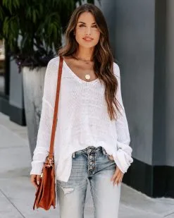 Shanista Oversized V-Neck Knit Pullover Sweater - White - FINAL SALE