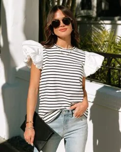 Theresa Striped Puff Sleeve Top - Black/White - SALE