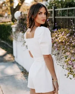 SALT-001 Susie Denim Puff Sleeve Romper - White - SALE -clothes Sales EM4A7325