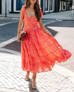 Edris Cotton Floral Tiered Midi Dress - Coral Pink - FINAL SALE -clothes Sales EM4A7345