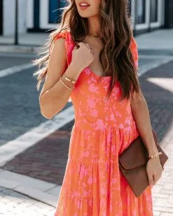 Edris Cotton Floral Tiered Midi Dress - Coral Pink - FINAL SALE -clothes Sales EM4A7363