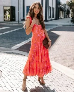 Edris Cotton Floral Tiered Midi Dress - Coral Pink - FINAL SALE