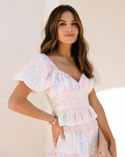 Cotton Candy Skies Smocked Eyelet Puff Sleeve Top - Multi - SALE
