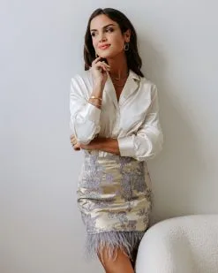 ENDL-001 Royal Things Jacquard Feather Trim Mini Skirt - Gold/Dusty Lavender - FINAL SALE -clothes Sales EM4A7581