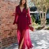 Loretta Plisse Metallic Balloon Sleeve Maxi Dress - Berry - FINAL SALE