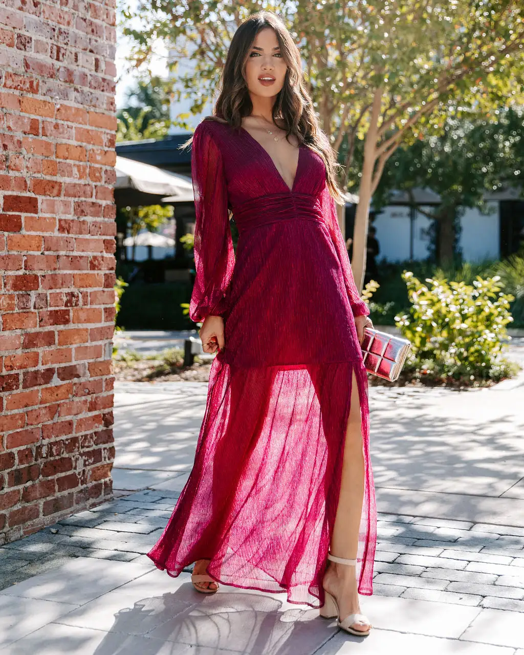 Loretta Plisse Metallic Balloon Sleeve Maxi Dress - Berry - FINAL SALE 3 Loretta Plisse Metallic Balloon Sleeve Maxi Dress - Berry - FINAL SALE - Image 3
