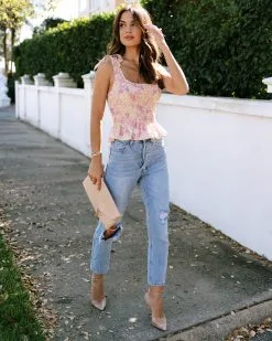 Elsia Smocked Printed Peplum Top -clothes Sales EM4A7811