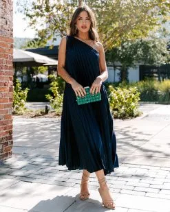 Melina Satin One Shoulder Pleated Midi Dress - Navy - FINAL SALE