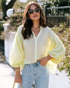 Antonia Bubble Hem Sleeve Button Down Top - Lemon - SALE