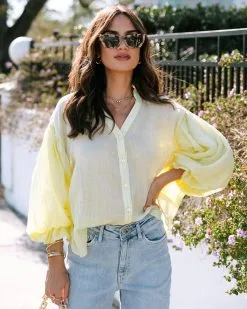 Antonia Bubble Hem Sleeve Button Down Top - Lemon - SALE -clothes Sales EM4A7976 b00d8a07 6a76 4898 a6cc d6146ca67a34