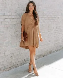 OLIV-001 Birdie Frayed Pocketed Babydoll Tunic - Camel - FINAL SALE -clothes Sales EM4A8022