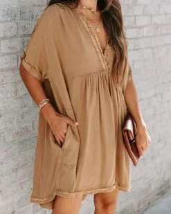 OLIV-001 Birdie Frayed Pocketed Babydoll Tunic - Camel - FINAL SALE -clothes Sales EM4A8042