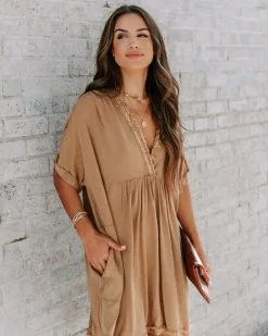 OLIV-001 Birdie Frayed Pocketed Babydoll Tunic - Camel - FINAL SALE -clothes Sales EM4A8043