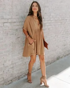 OLIV-001 Birdie Frayed Pocketed Babydoll Tunic - Camel - FINAL SALE -clothes Sales EM4A8045