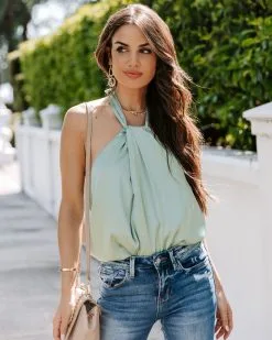 BLUE-001 Opal Satin Halter Bodysuit - Sage - LAST CHANCE -clothes Sales EM4A9010