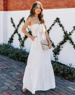 Hattie Strapless Pocketed Tie Front Maxi Dress - Bamboo Cream -clothes Sales EM4A9845