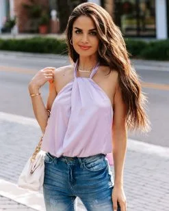 BLUE-001 Opal Satin Halter Bodysuit - Lavender - LAST CHANCE