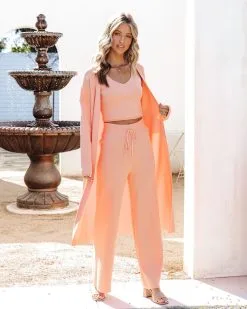 ENDL-001 Effortlessly Chic Ribbed Drawstring Wide Leg Pants - Peach - SALE -clothes Sales EffortlesslyChicRibbedOpenFrontCardiganRibbedTank Widelegpant Peach15