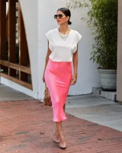 BUCK-001 Electric Vibes Satin Slip Midi Skirt - Neon Pink - FINAL SALE -clothes Sales ElectricVibesSatinSli0pSkirtNeonPink48