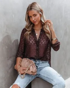 ACOA-001 Eleventh Hour Textured Button Down Blouse - Brown - FINAL SALE -clothes Sales Eleventhhourtexturedbuttondownblouse brown 13