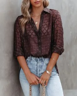 ACOA-001 Eleventh Hour Textured Button Down Blouse - Brown - FINAL SALE -clothes Sales Eleventhhourtexturedbuttondownblouse brown 9