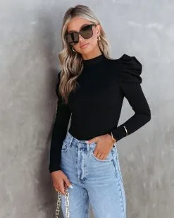 TCEC-001 Elizabeth Ribbed Puff Sleeve Bodysuit - Black - FINAL SALE