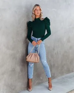 TCEC-001 Elizabeth Ribbed Puff Sleeve Bodysuit - Hunter Green - FINAL SALE -clothes Sales ElizabethRibbedPuffSleeveBodysuitHunterGreen111