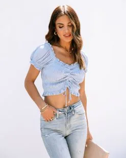 Elowyn Smocked Ruched Crop Top - Dusty Blue - SALE -clothes Sales Elowyn 11