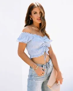 Elowyn Smocked Ruched Crop Top - Dusty Blue - SALE -clothes Sales Elowyn 6