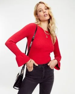 Esen Ribbed Bell Sleeve Knit Sweater - Red - FINAL SALE