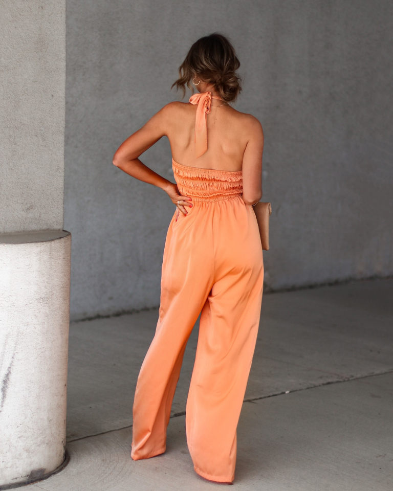 Aria Satin Smocked Pocketed Jumpsuit - Dusty Orange - SALE 4 Aria Satin Smocked Pocketed Jumpsuit - Dusty Orange - SALE - Image 4