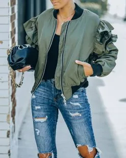 Benz Pocketed Ruffle Bomber Jacket - Olive - FINAL SALE 18 Benz Pocketed Ruffle Bomber Jacket - Olive - FINAL SALE -clothes Sales FO6C0940 fa8eff18 bad3 403a 8664 4012c05ecc44
