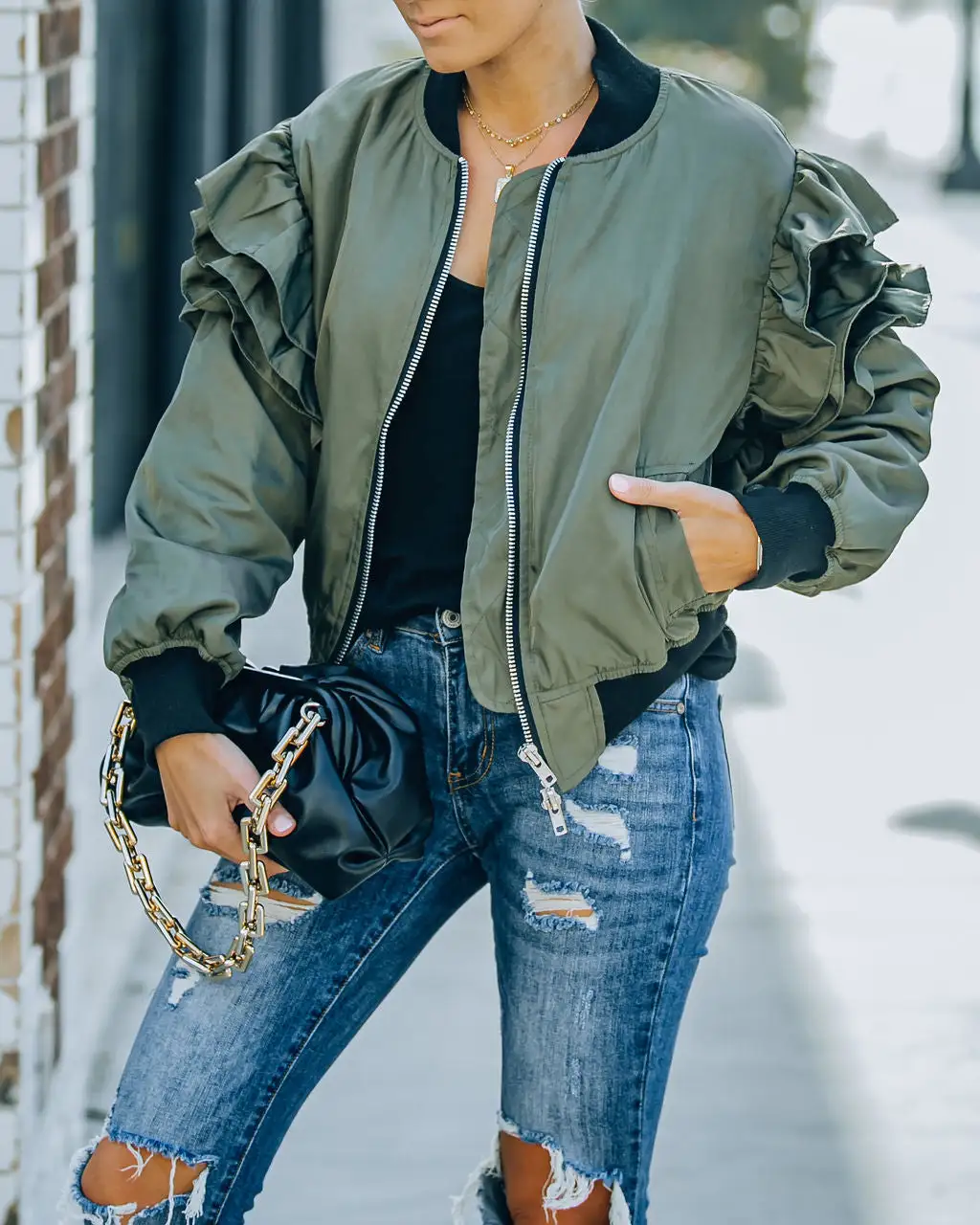 Benz Pocketed Ruffle Bomber Jacket - Olive - FINAL SALE 12 Benz Pocketed Ruffle Bomber Jacket - Olive - FINAL SALE - Image 12