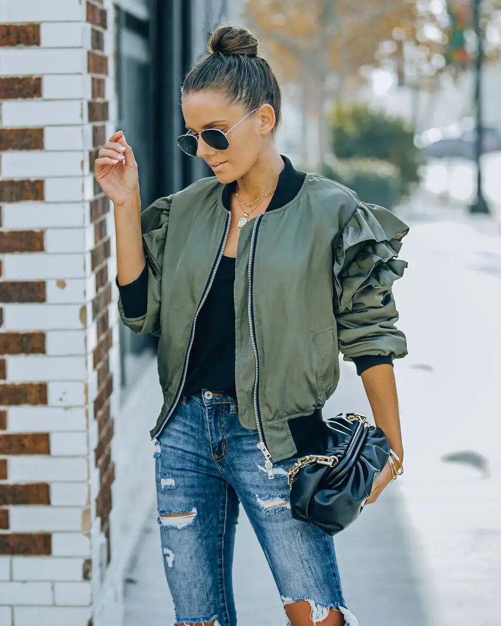 Benz Pocketed Ruffle Bomber Jacket - Olive - FINAL SALE 10 Benz Pocketed Ruffle Bomber Jacket - Olive - FINAL SALE - Image 10