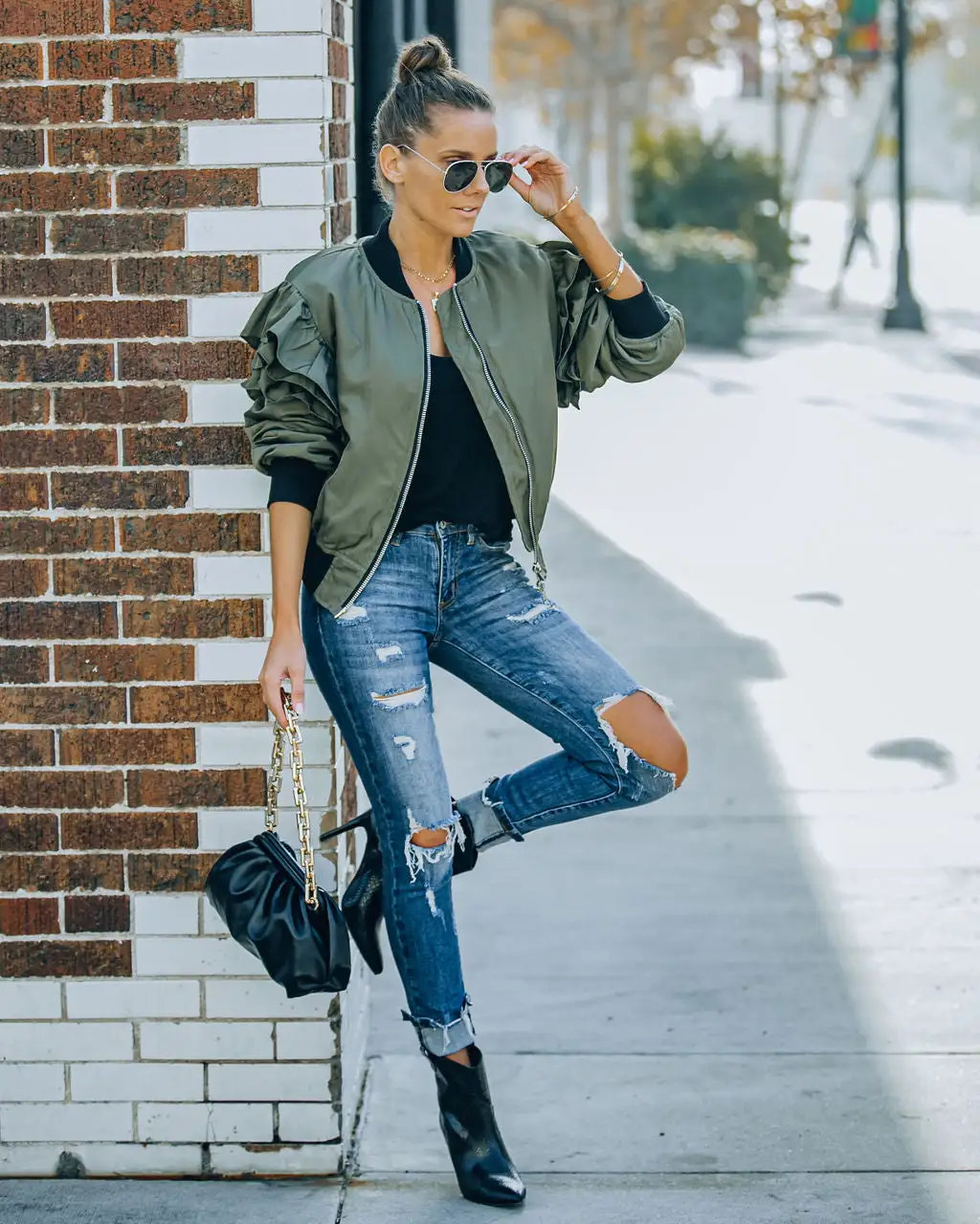 Benz Pocketed Ruffle Bomber Jacket - Olive - FINAL SALE 9 Benz Pocketed Ruffle Bomber Jacket - Olive - FINAL SALE - Image 9