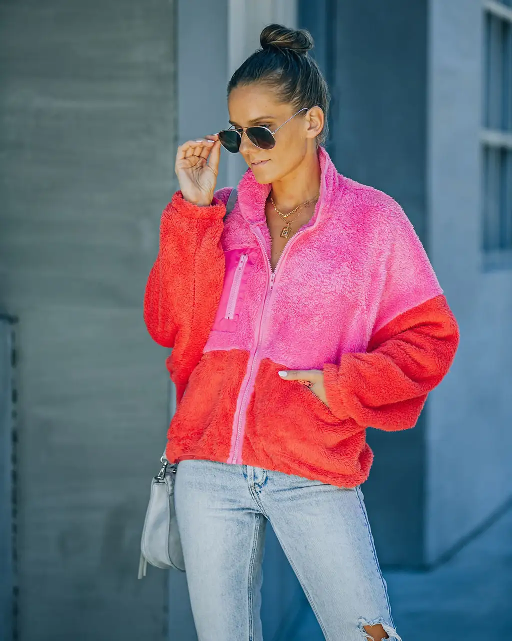 Nava Pocketed Colorblock Zip Up Jacket - Pink - FINAL SALE 1 Nava Pocketed Colorblock Zip Up Jacket - Pink - FINAL SALE
