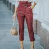 Livi Pocketed High Rise Faux Leather Belted Pants - Wine - FINAL SALE