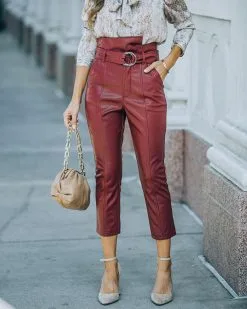 Livi Pocketed High Rise Faux Leather Belted Pants - Wine - FINAL SALE