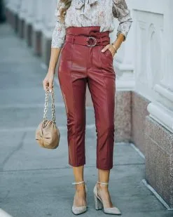 Livi Pocketed High Rise Faux Leather Belted Pants - Wine - FINAL SALE -clothes Sales FO6C4174o