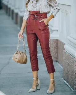 Livi Pocketed High Rise Faux Leather Belted Pants - Wine - FINAL SALE -clothes Sales FO6C4186o