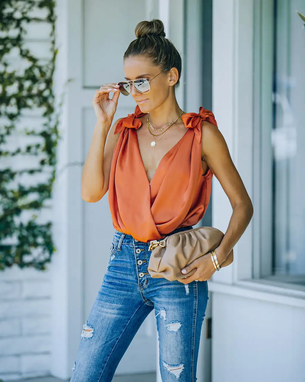 STRU-001 Marabelle Satin Drape Tie Bodysuit - Clay - FINAL SALE 1 STRU-001 Marabelle Satin Drape Tie Bodysuit - Clay - FINAL SALE