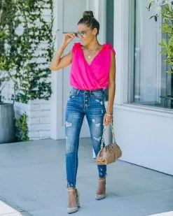 STRU-001 Marabelle Satin Drape Tie Bodysuit - Fuchsia - FINAL SALE -clothes Sales FO6C5479